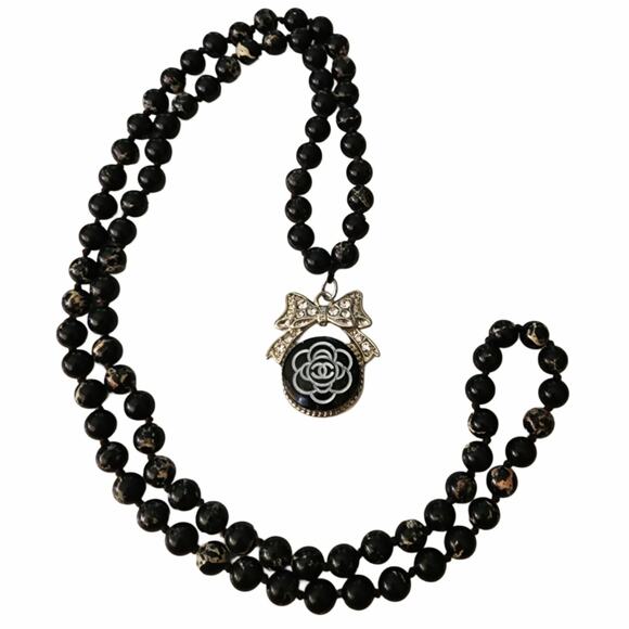 Black & White Designer Button Repurposed Long Black Beaded Necklace - Picture 2 of 4